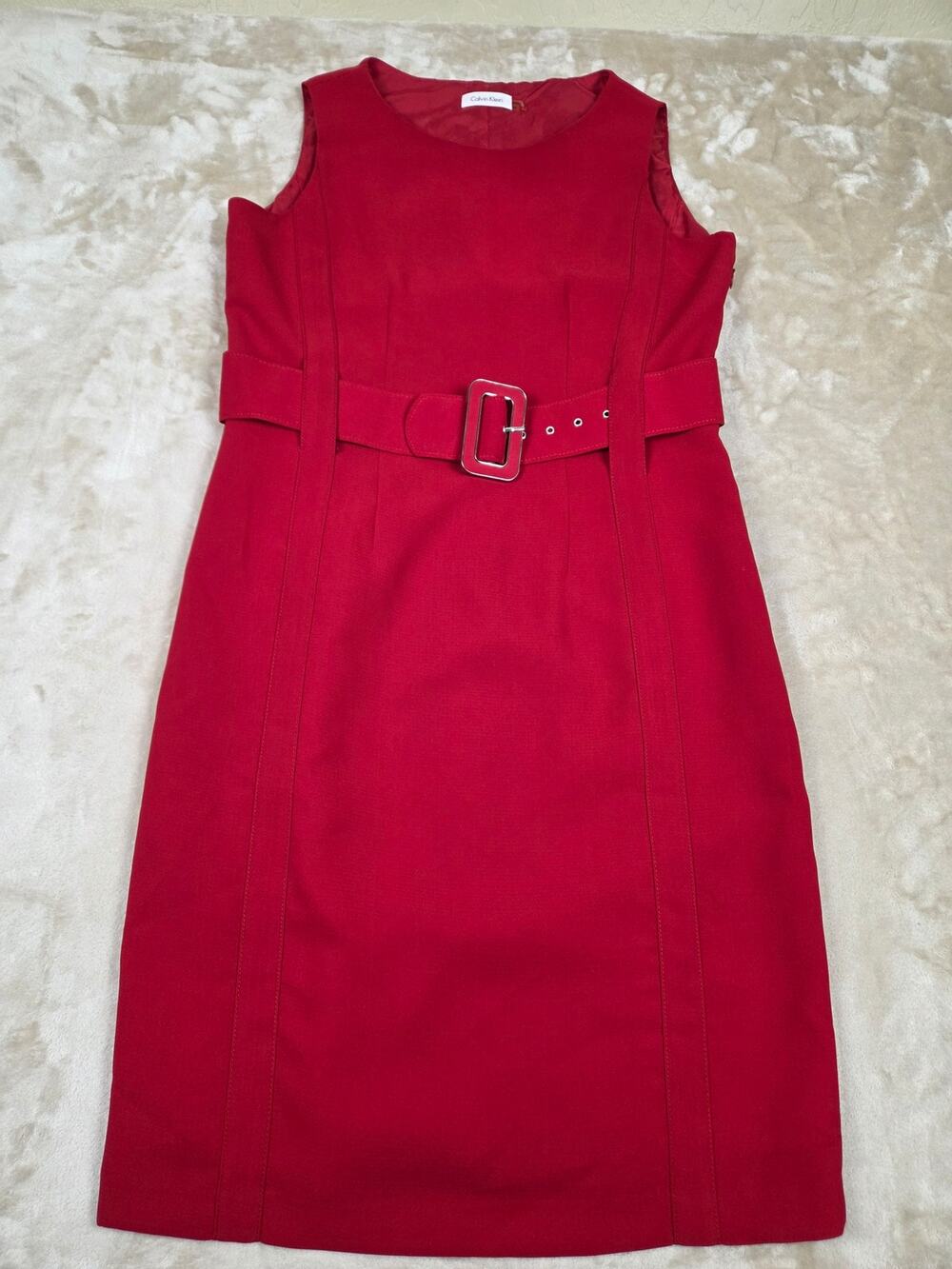 Calvin Klein Red Sleeveless Belted Sheath Dress